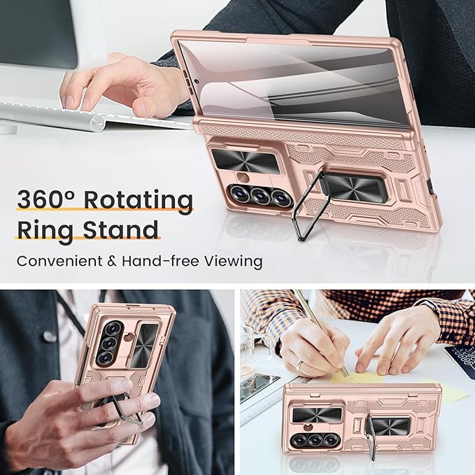 VEGO for Samsung Galaxy Z Fold 7 Case with Stand[Built in Screen Protector & Slide Lens Cover]Hinge Protection Hard Shell Rugged Kickstand Full Body Protective Phone Case for Z Fold 7 2025 - Rose Gold
