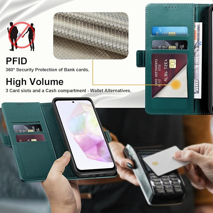 Wallet Flip Case for Samsung Galaxy A35 5G - [RFID Blocking] Luxury PU Leather Card Holder Magnetic Phone Cover with Kickstand,Shockproof Protective Case,Green