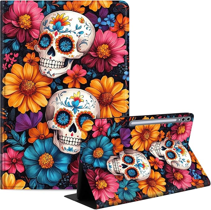 Case for Samsung Galaxy Tab S10 Plus/ S9 FE Plus/ S9 Plus 5G Tablet 12.4'', Slim PU Leather Stand Cover with Auto Wake/Sleep, Multi-Angle Viewing & Shockproof, Sugar Skulls