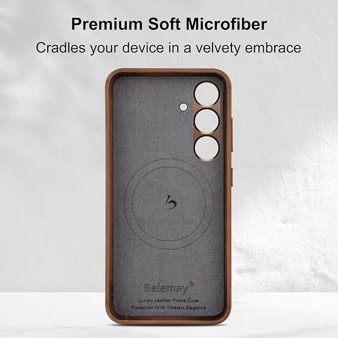 Belemay Leather Case for Samsung Galaxy S24 Compatible with Magsafe - Premium Crazy Horse Leather [Vintage Aesthetics] Unique Patina, Comfort Grip, Metal Buttons, Slim&Soft Cover (6.2") Retro Brown