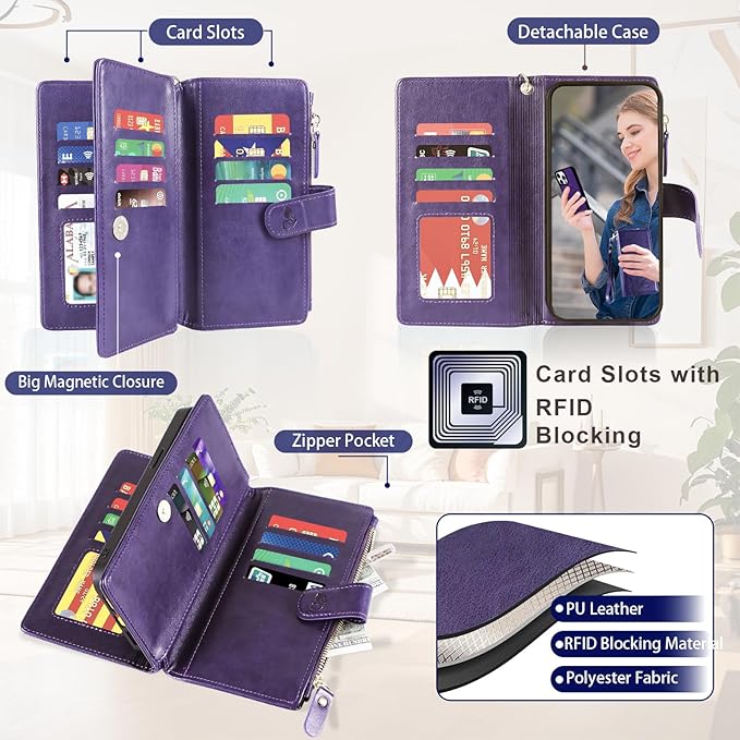 Lacass for Samsung Galaxy S24+ Plus Case Wallet,Compatible with MagSafe 2 in 1 Magnetic Detachable PU Leather RFID Blocking Wallet Cover Card Holder Zipper Wrist Strap Lanyard,Floral Purple