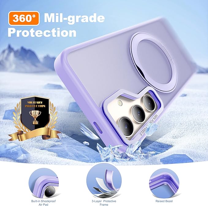 Compatible with Samsung Galaxy S24 Plus Case with 360Rotatable Magnetic Ring Stand Compatible with Mag-Safe Military Protection Matte Translucent Phone Case for Galaxy S24+,Purple