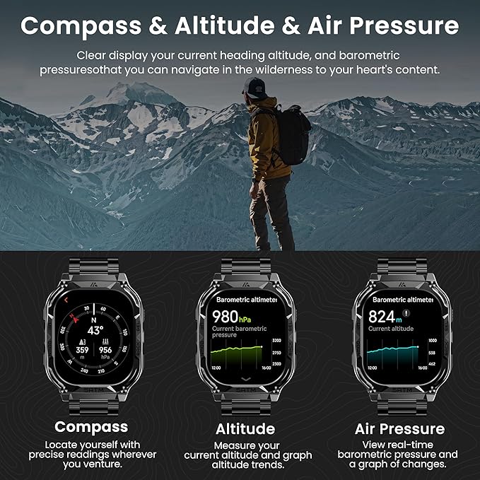 AMAZTIM GPS Smart Watch for Men, 6 Satellite Positioning, Compass, Stainless Steel Body, 50M Waterproof, 480mAh Extra-Large Battery, Answer/Make Call, 1.96" AMOLED Screen, Compatible for Android iOS