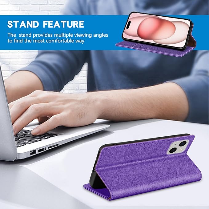 ZZXX for iPhone 15 Wallet Case with [RFID Blocking] Card Slot Stand Strong Magnetic Leather Flip Fold Protective Phone Case for iPhone 15 Case Wallet(Purple-6.1 inch)
