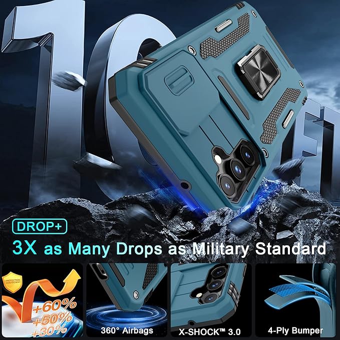 DEERLAMN Case for Samsung Galaxy S23 FE 6.4-Inch with Slide Camera Cover+Screen Protector(1 Pack),Rotated Ring Kickstand Military Grade Shockproof Protective Cover-Light Blue