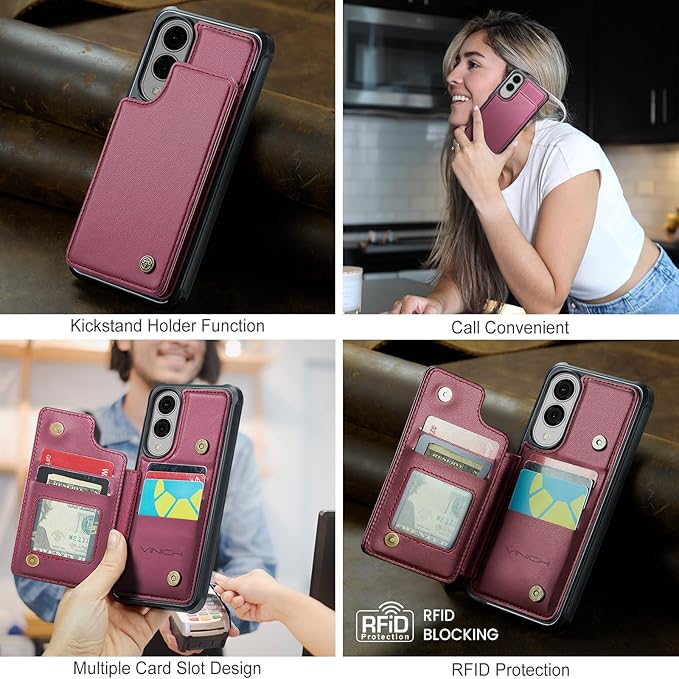 Vinich for Samsung Galaxy S25 Edge Wallet Case with Card Holder, RFID Blocking Credit Slots Kickstand Shockproof Phone Cover for Women Men, Wine Red