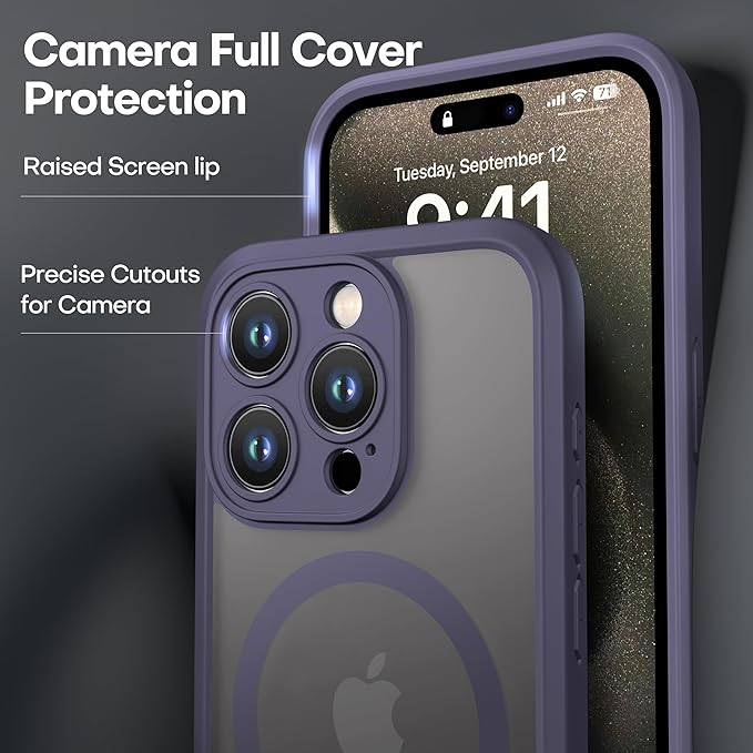 ImpactStrong Magnetic Guard Designed for iPhone 15 Pro Max Case [Camera Protection] [Military Grade Drop Tested] [Compatible with MagSafe] Slim Translucent Matte Phone Case (6.7") - Deep Purple