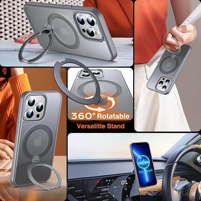 360° O-Ring MagStander for iPhone 13 Pro Case with Magnetic Kickstand Ring Holder [Compatible with MagSafe][360°Rotate Stand Ring][Military Shockproof] iPhone 13 Pro Phone Cover Matte Grey
