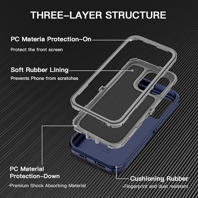 for iPhone 15 Pro Case Shockproof Dust/Drop Proof 3-Layer Full Body Protection [Without Screen Protector] Rugged Heavy Duty Cover Case for Apple iPhone 15 Pro 6.1" 2023,Blue/Grey