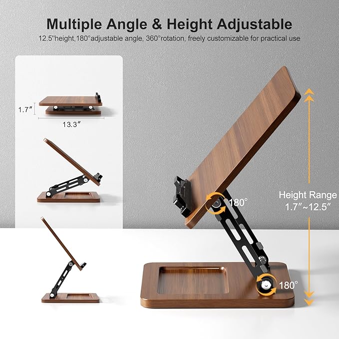 Book Stand for Reading with Light, Book Holders for Reading Hands Free, Adjustable Height & Angle, Fits Cookbook Recipe, Textbook, Kindle,Foldable for Kitchen, Office, School,Gift for Book Lovers