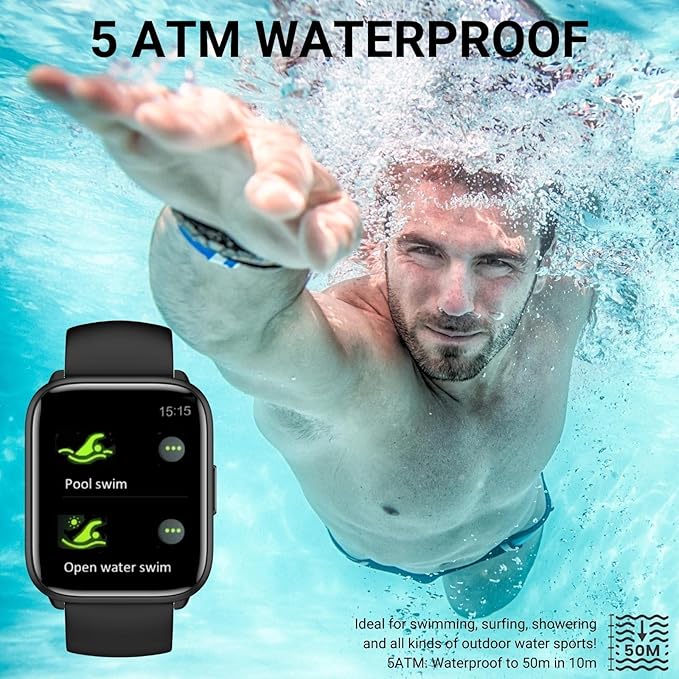 Smart Watch for Men Women, 1.8" Full Touch Screen Fitness Tracker with Heart Rate SpO2 Sleep Monitor, 100+ Sports 5ATM Waterproof Swim Smartwatch for Android iOS Phones (Black, 1.8")