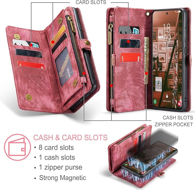 SZHAIYU 2 in 1 Detachable for Samsung Galaxy S23+ / S23 Plus Wallet Case with Card Holder, Retro Premium Flip Leather Cover Magnetic Zipper Pocket Phone Cases 6.6'' (Red,S23+/S23 Plus)