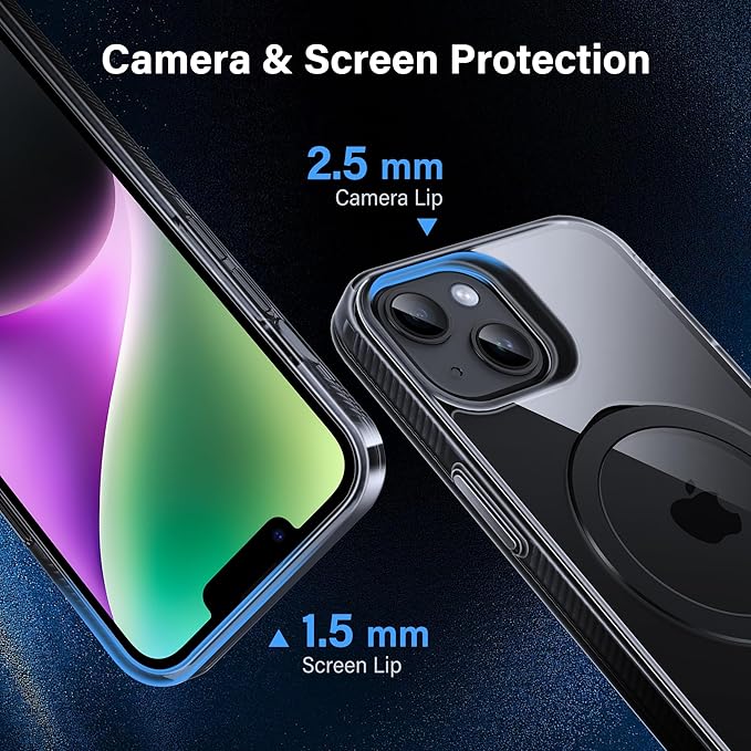Magnetic Case for iPhone 14 Plus - [Built-in Invisible Stand] [Compatible with MagSafe] [Military Grade Drop Protection] Anti-Yellowing Hard Back Silicone Edge Cover, 6.7", Clear Black