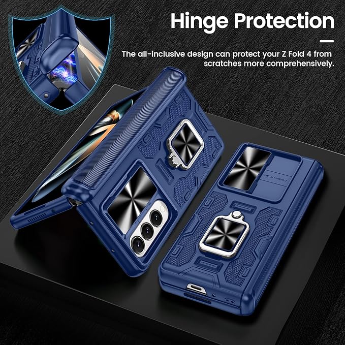 VEGO for Galaxy Z Fold 4 Case with Kickstand, Hinge Protection & Belt Clip Holster & Front Screen Protector & Slide Camera Cover Magnetic Kickstand Cover - Midnight Blue