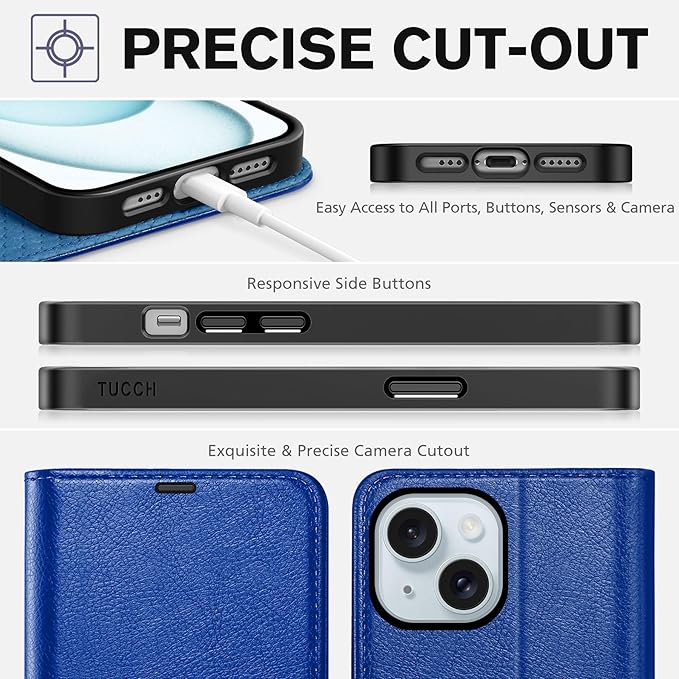 TUCCH Wallet Case for iPhone 15 6.1-inch 5G, [TPU Shockproof Inner Shell] PU Leather [RFID Blocking] 4 Credit Card Holder Magnetic Kickstand Flip Cover Compatible with iPhone 15 6.1" 2023, Klein Blue