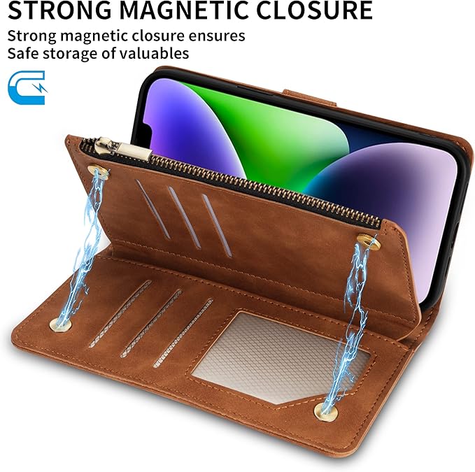 ZZXX for iPhone 14 Plus Case Wallet with [RFID Blocking] Card Slot Premium Soft PU Leather Zipper Flip Folio with Wrist Strap Kickstand Protective Cover for iPhone 14 Plus Wallet Case(Brown-6.7 inch)