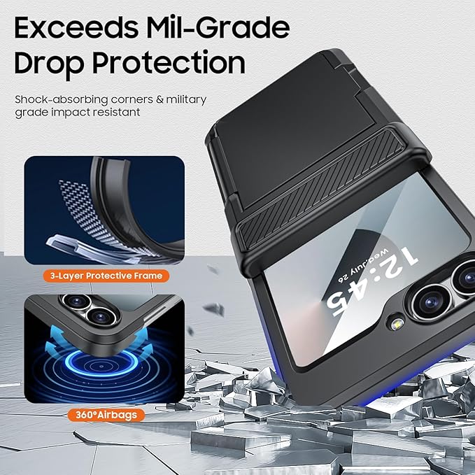 CENMASO for Samsung Galaxy Z Flip 6 Case/Z Flip 7 FE Case with Card Holder [RFID Blocking] & Hinge Protection & Screen Protector, Full-Body Shockproof Phone Case for Z Flip 6/Z Flip 7 FE-Black