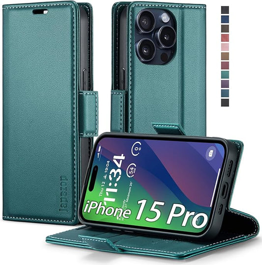 japezop iPhone 15 Pro 5G Wallet Case with [RFID Blocking],Card Holder Kickstand Magnetic,Leather Flip Case Wallet for iPhone 15 Pro 5G 6.1 Inch (Fashion Green)