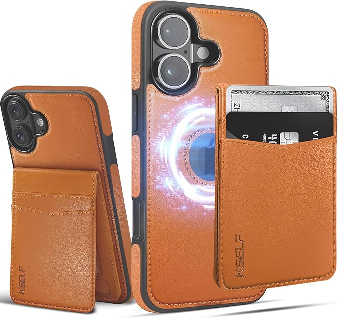 for iPhone 16 Leather Wallet Case, Compatible with Magsafe, 2 in 1 Detachable Magnetic Card Holder, RFID Blocking Kickstand Credit Slots Flip Case for Men Women, Brown