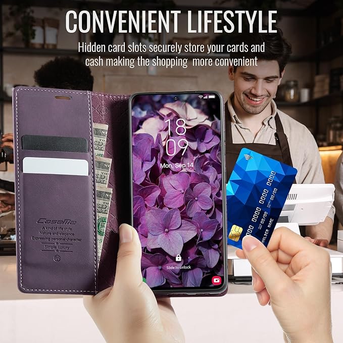 Wallet Case for Samsung Galaxy S21 Ultra Leather Wallet Flip Cover with Card Holder, Kickstand, Magnetic Closure, RFID Blocking TPU Shockproof Phone Case Compatible with S21 Ultra, Purple