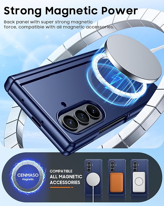 CENMASO Magnetic for Samsung Galaxy Z Fold 7 Case with Stand, Fit for Magsafe, Hinge Protection, Screen Protector, Built-in Hidden Kickstand, Slim Shockproof Phone Case for Galaxy Z Fold 7-Blue