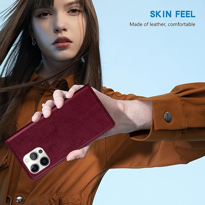 ZZXX for iPhone 15 Pro Wallet Case with [RFID Blocking] Card Slot Stand Strong Magnetic Leather Flip Fold Protective Phone Case for iPhone 15 Pro Case Wallet(Wine Red-6.1 inch)