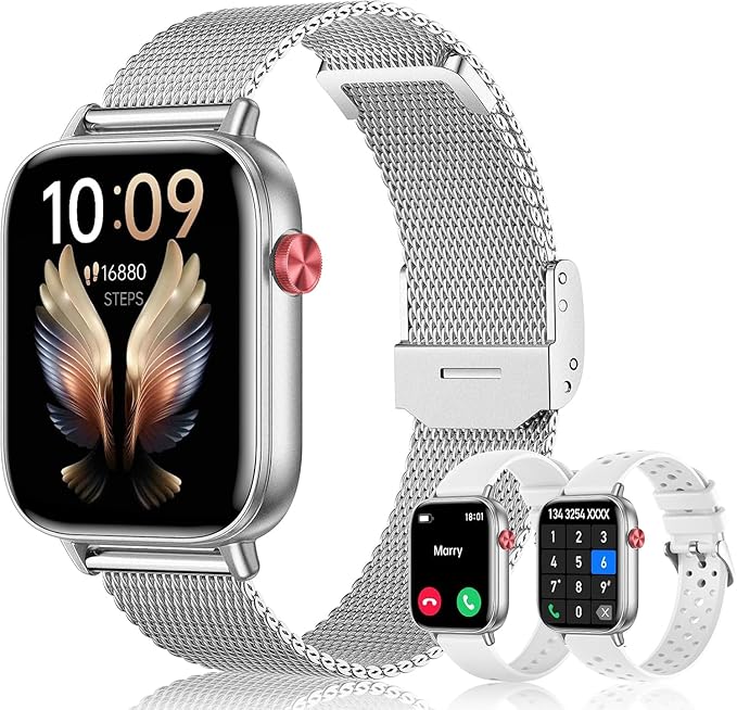 Smart Watch for Women Men (Answer/Make Calls) 1.83" HD Smartwatch Compatible Android iOS Phones with Fitness Running /Step Counter/Heart Rate/Sleep, 120+ Sports Modes IP68 Waterproof, Silver/3 Bands