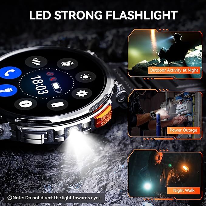 Military Smart Watch for Men 1.85” Big Screen Smart Watch, LED Flashlight/730mAh Battery/100+ Sports Modes Fitness Watch, Heart Rate Sleep Tracker Smartwatch for iOS Android (Black Stainless Steel)