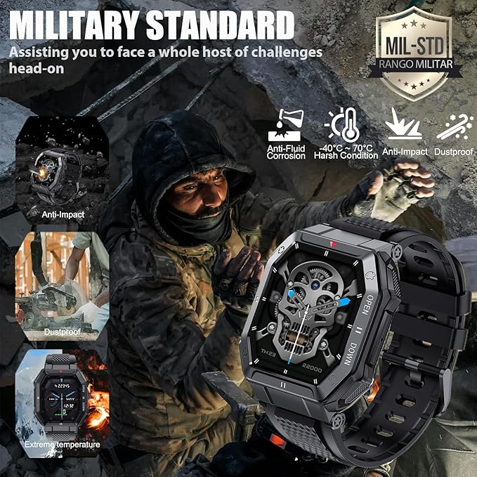 Military Smart Watches for Men (Answer/Make Call) with 1.85" HD Touchscreen, Fitness Tracker with Multiple Sport Modes, Tactical Smartwatch with Whole-Day Heart Rate/Sleep Monitor