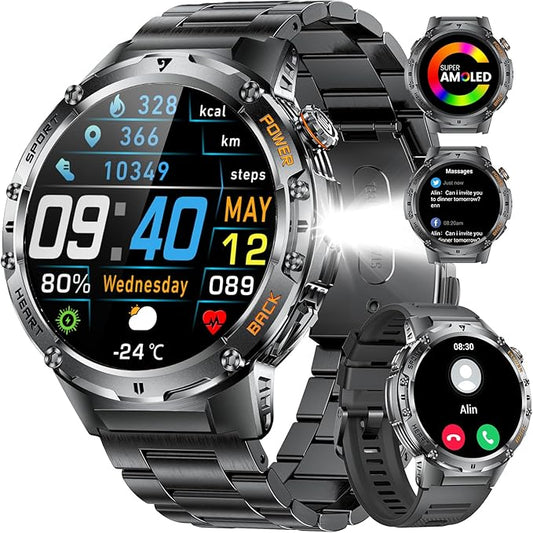 Military Smart Watch for Men, Flashlight 100+ Sports Modes Fitness Tracker Smartwatch, 1.43'' AMOLED Display, 5ATM Waterproof/Sleep Monitor, Mens Smart Watches for Android iOS