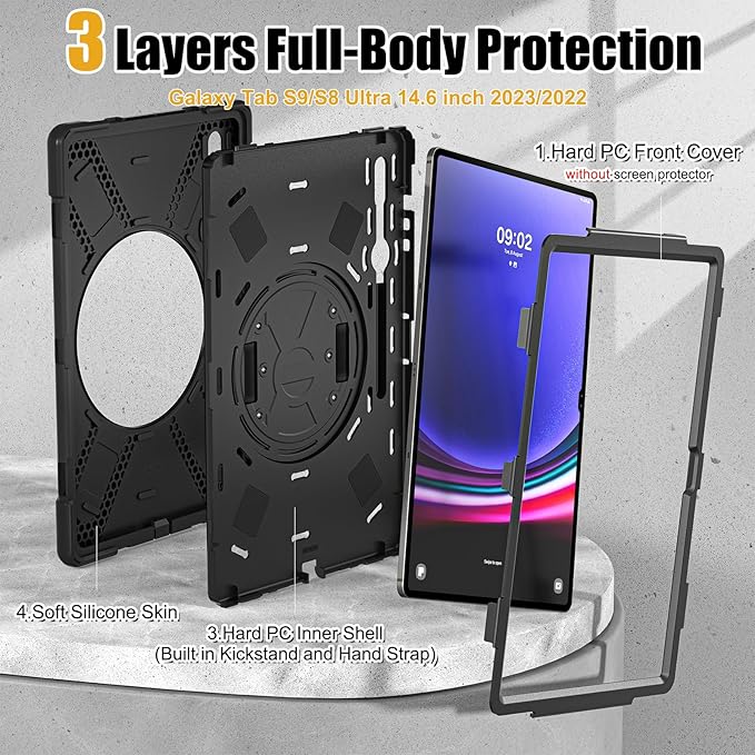 BRAECNstock for Samsung Galaxy Tab S10 Ultra/S9 Ultra/S8 Ultra Case 14.6" 2024/2023/2022 Shockporoof Samsung Tablet 14.6 inch Case with Pencil Holder Rotating Hand Strap & Stand Shoulder Strap - Black