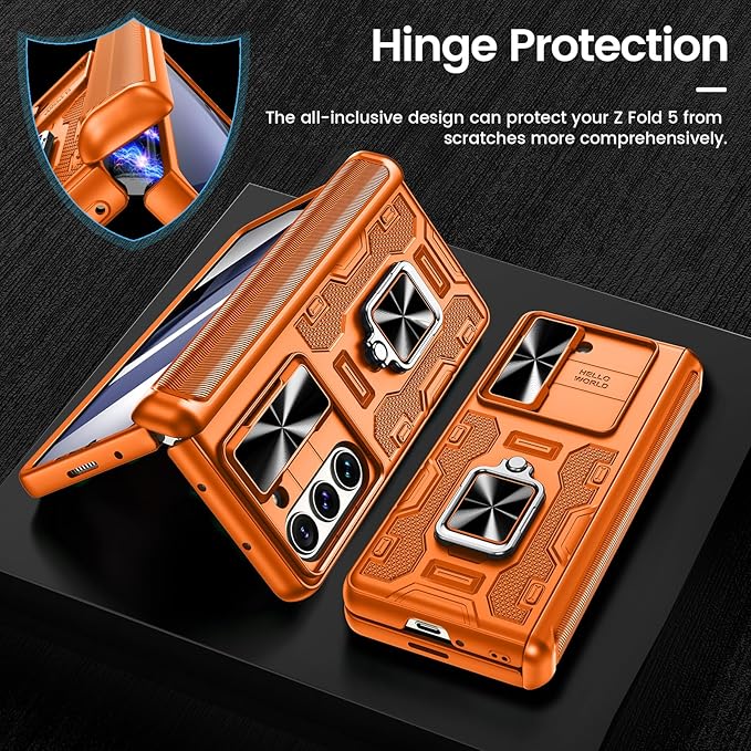 VEGO for Galaxy Z Fold 5 Case with Belt Clip Holster, 360°Ring Magnetic Kickstand & Camera Cover & Front Screen Protector, Hinge Protection Shockproof Armor Cover - Orange