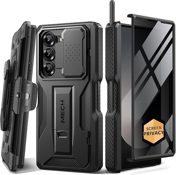 TONGATE for Z Fold 7 Case with Stylus & Pen Holder, [Built-in Privacy Screen Protector & Slide Camera Cover][Anti Spy] Military Grade Drop Stand Case for Samsung Galaxy Z Fold 7 with Belt Clip, Black