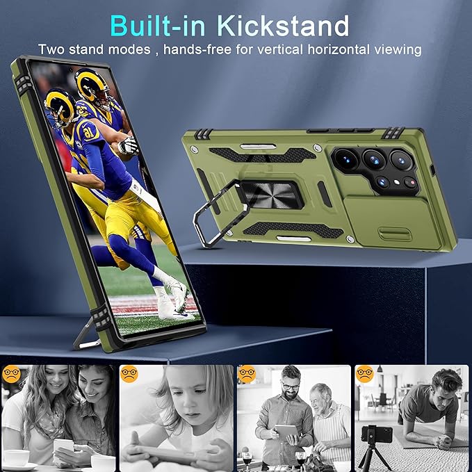 DEERLAMN Case for Samsung Galaxy S25 Ultra with Slide Camera Cover+Screen Protector (1 Pack), Rotated Ring Kickstand Military Grade Shockproof Protective Cover-Olive Green