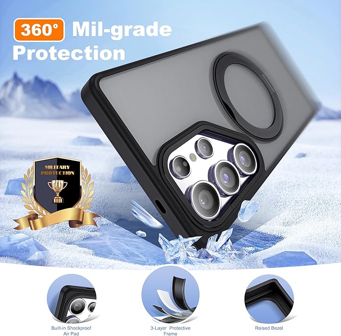 for Samsung Galaxy S25 Ultra Case with 360°Rotatable Magnetic Ring Stand Compatible with Mag-Safe Military Protection Shockproof Matte Translucent Phone Cases for S25 Ultra 6.9",Black