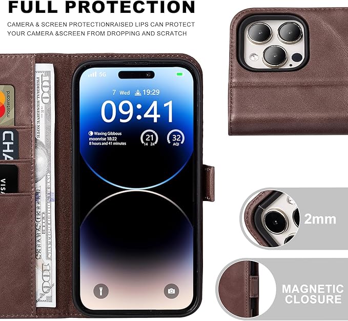 Case for iPhone 16 Pro 6.3" 2024-Genuine Leather Folio Magnetic Closure RFID Blocking Card Holder Kickstand Full Protection Phone Case Compatible with iPhone 16 Pro (Darkbrown)