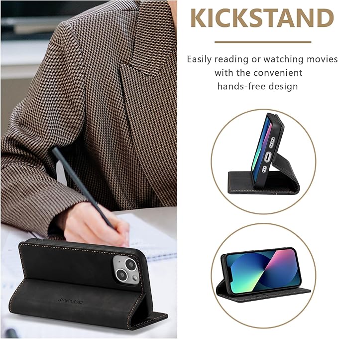 QLTYPRI Case for iPhone 14, Vintage PU Leather Wallet Case Card Slot Kickstand Magnetic Closure Shockproof Flip Folio Book Case Cover for iPhone 14(6.1 inch) - Retro Black