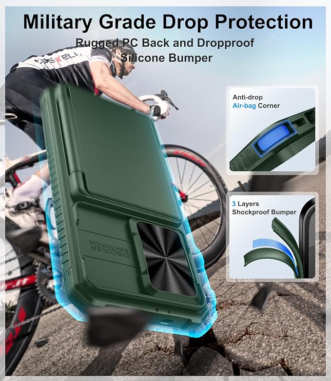 Multifuncional Case for Samsung Galaxy S25, Card Holder (4-5 Cards), RFID Block, Slide Lens Cover, Military Grade Drop Protection, Heavy Duty Men Women Wallet Phone Case for Samsung S25, Green