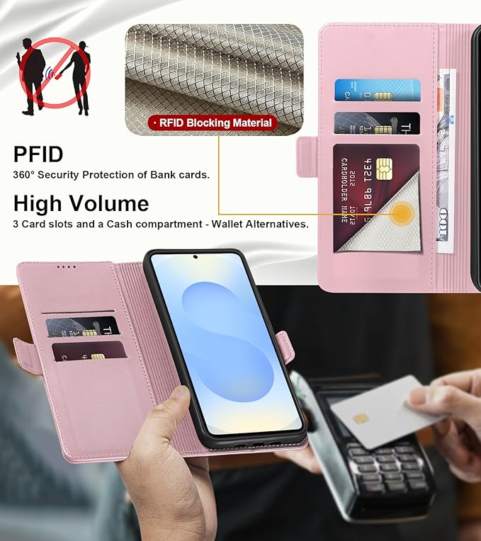 Wallet Flip Case for Samsung Galaxy S25 Plus/S25+ 5G - [RFID Blocking] Luxury PU Leather Card Holder Magnetic Phone Cover with Kickstand,Shockproof Protective Case,Pink