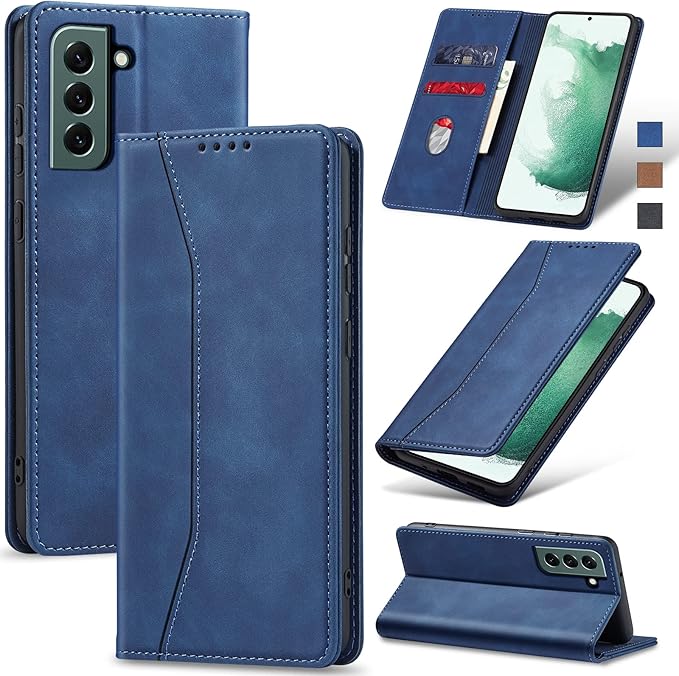 Jasonyu Flip Wallet Case for Samsung Galaxy S22 5G,Leather Magnetic Folio Cover with Card Holder,Kickstand - TPU Shockproof Durable Protective Phone Case,Blue