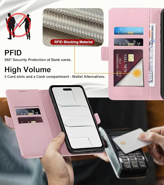 Wallet Flip Case for iPhone 17 Air 5G - [RFID Blocking] Luxury PU Leather Card Holder Magnetic Phone Cover with Kickstand,Shockproof Protective Case,Pink