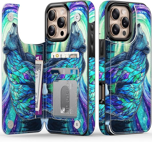 FUNMIKO for iPhone 16 Pro Wallet Case with Card Holder, RFID-Blocking, Military-Grade Protection & UV-Printed Artwork, Magnetic Closure with Leather Kickstand - Prismatic Aurora Bear