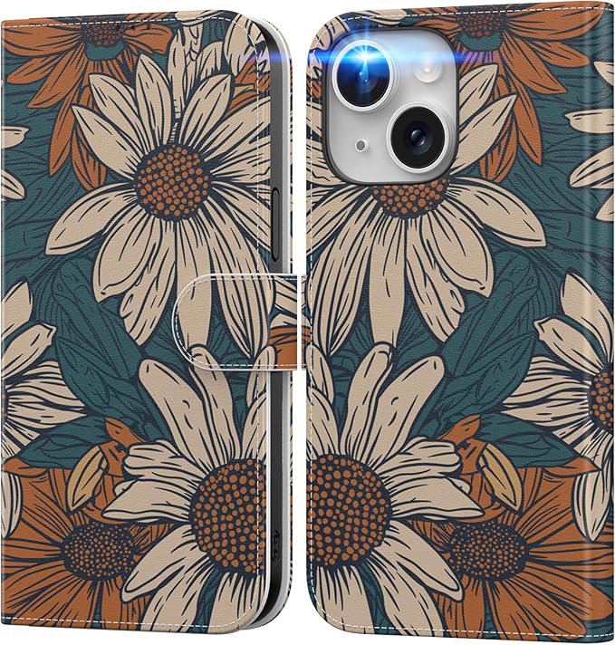 DEENAKIN for iPhone 15 Plus Wallet Case with Card Holder + Cash Clip, RFID-Blocking, Military-Grade Drop Protection, Magnetic Closure with Leather Kickstand - Floral Daisy Pattern