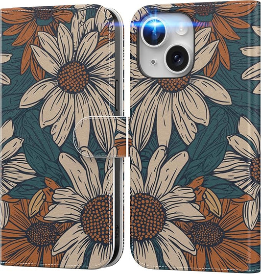 DEENAKIN for iPhone 15 Plus Wallet Case with Card Holder + Cash Clip, RFID-Blocking, Military-Grade Drop Protection, Magnetic Closure with Leather Kickstand - Floral Daisy Pattern