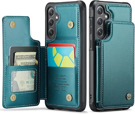 Vinich for Samsung Galaxy S25 Wallet Case with Card Holder, RFID Blocking Credit Slots Kickstand Shockproof Phone Cover for Women Men, Bluish Green