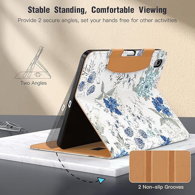 MoKo for iPad (A16) 11th Generation Case 11 inch 2025, iPad 10th Generation Case 10.9" 2022 with Pencil Holder & Pocket, Premium Leather Folio Stand Cover, Multiple Viewing Angles, White Blue Floral