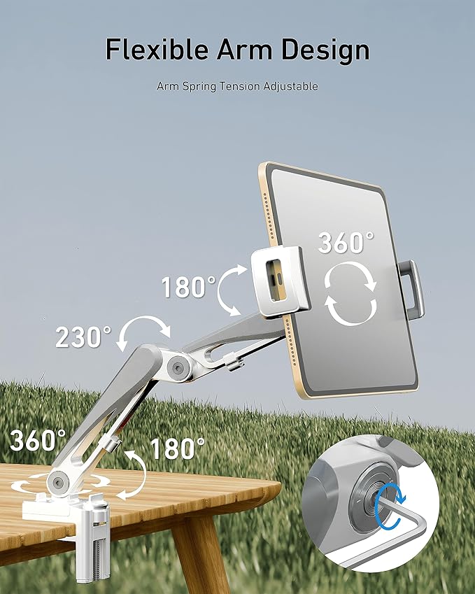 Phone & Tablet Mount with Cable Management, Tablet Holder for Desk/Headboard for Recording/Filming
