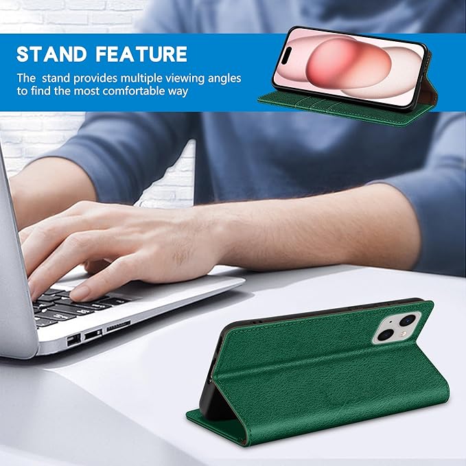 ZZXX for iPhone 15 Wallet Case with [RFID Blocking] Card Slot Stand Strong Magnetic Leather Flip Fold Protective Phone Case for iPhone 15 Case Wallet(Green-6.1 inch)