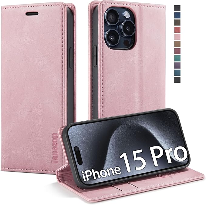 japezop iPhone 15 Pro 5G Wallet Case with [RFID Blocking],Card Holder Kickstand Magnetic,Leather Flip Case Wallet for iPhone 15 Pro 5G 6.1 Inch(Pink)