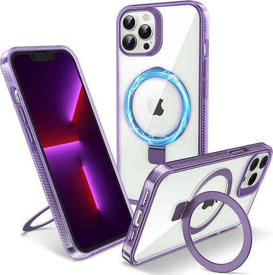 Magnetic Case for iPhone 13 Pro Max - [Built-in Invisible Stand] [Compatible with MagSafe] [Military Grade Drop Protection] Anti-Yellowing Hard Back Silicone Edge Cover, 6.7", Clear Purple